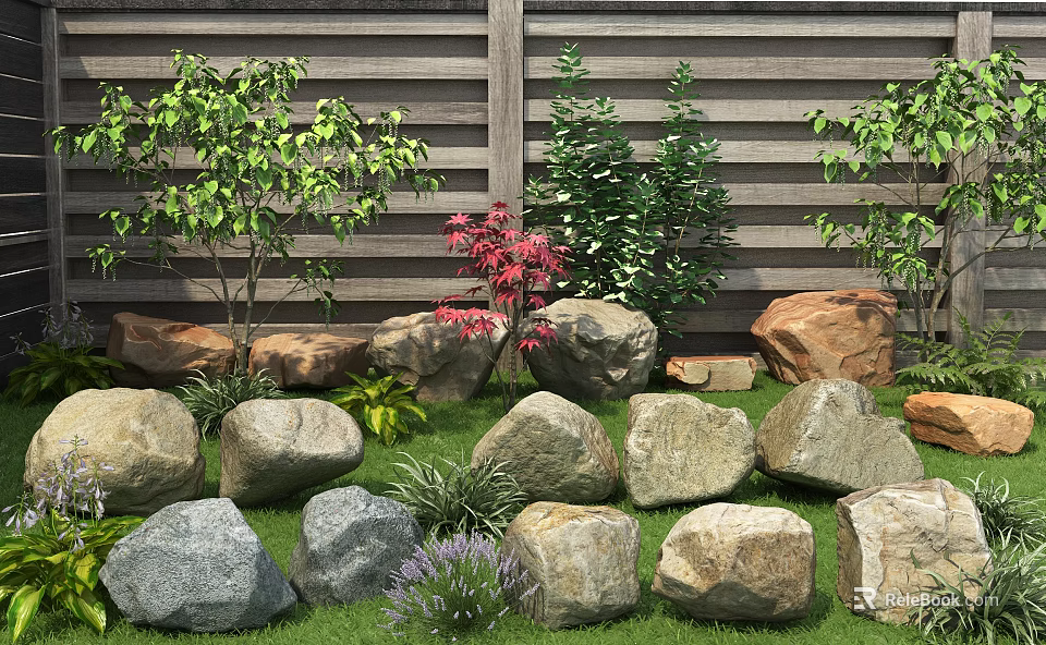 Rustic Garden Landscape With Wooden Fence Natural Stones Green Plants Red Shrubs And Purple Flowers 3d model 