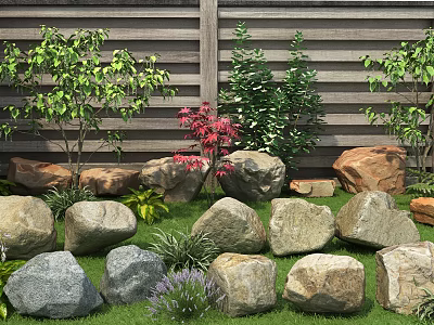 Rustic Garden Landscape With Wooden Fence Natural Stones Green Plants Red Shrubs And Purple Flowers 3d model