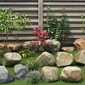 Rustic Garden Landscape With Wooden Fence Natural Stones Green Plants Red Shrubs And Purple Flowers
