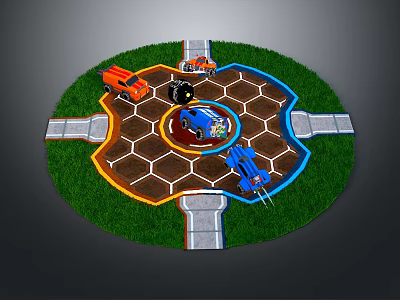 Cartoon Scene Featuring Circular Layout Hexagonal Ground Green Grass Gray Roads And Colorful Trucks Cars 3d model