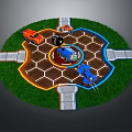 Cartoon Scene Featuring Circular Layout Hexagonal Ground Green Grass Gray Roads And Colorful Trucks Cars
