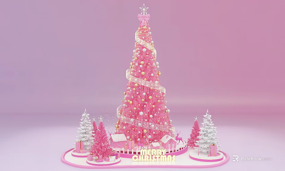 Pink Christmas Tree With Small Trees Gifts And Merry Christmas Sign Photo Check In Spot 3d model 