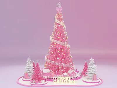 Pink Christmas Tree With Small Trees Gifts And Merry Christmas Sign Photo Check In Spot 3d model