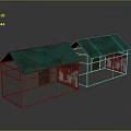 Small Metal Hutches With Green Roofs And Red Side Panels 3d model