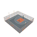 Enclosed Basketball Court with Orange Surface Hoop Fence and Overhead Lights
