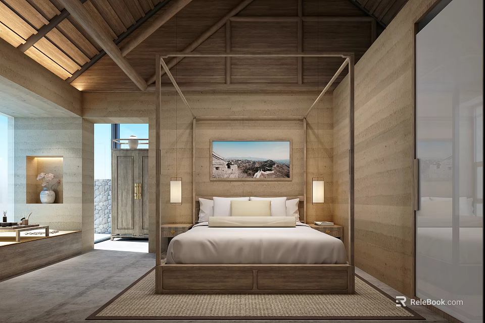 Hotel Room Interior With Wooden Four Poster Bed Natural Light And Minimalist Design 3d model 