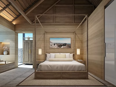 Hotel Room Interior With Wooden Four Poster Bed Natural Light And Minimalist Design 3d model