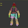 Game and Movie Character With Purple Hair Green Outfit Armor Orange and Blue Accents