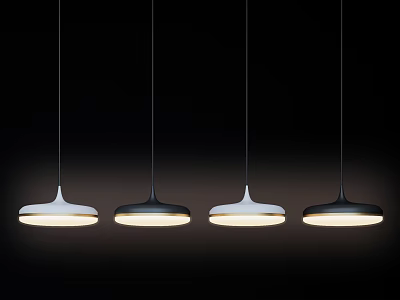 Four Modern White And Black Pendant Lights Hanging Illuminated On Dark Background 3d model