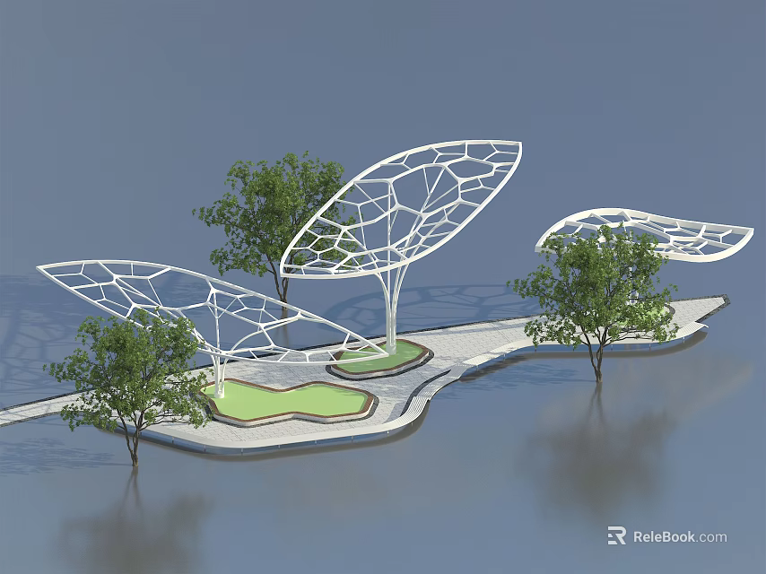 Modern Leaf Shaped Pergola with Trees Pathway and Green Lawn Area 3d model 