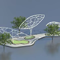 Modern Leaf Shaped Pergola with Trees Pathway and Green Lawn Area