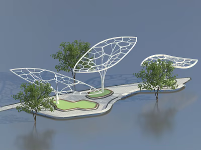 Modern Leaf Shaped Pergola with Trees Pathway and Green Lawn Area 3d model