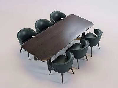 Modern Dark Wood Rectangular Dining Table With Six Black Leather Chairs For Dining Room 3d model