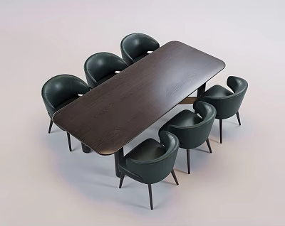 Modern Dark Wood Rectangular Dining Table With Six Black Leather Chairs For Dining Room 3d model