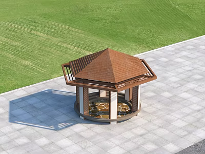 Octagonal Outdoor Gazebo With Brown Roof Circular Patterned Floor Green Lawn And Gray Stone Pavement 3d model