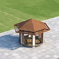Octagonal Outdoor Gazebo With Brown Roof Circular Patterned Floor Green Lawn And Gray Stone Pavement