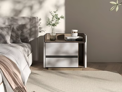 Modern Bedroom Nightstand Design With Plant Vase Cup And Book 3d model