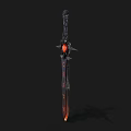 Ornate Dark Fantasy Sword With Black Hilt Central Red Gem And Orange Decorative Patterns