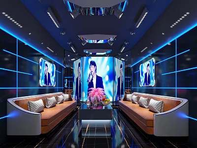 Modern KTV Interior With Blue Lighting Sofas Large Screens And Mirrored Ceiling 3d model