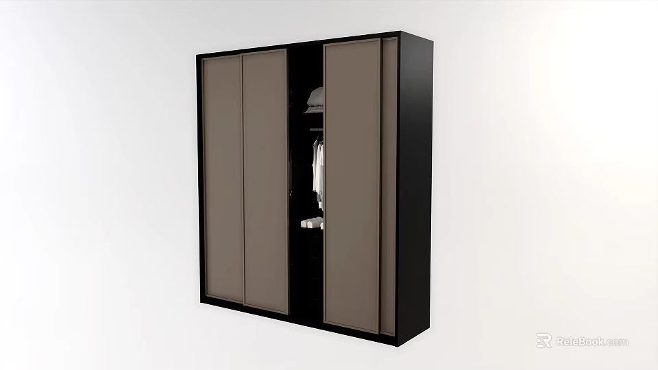 Modern Wardrobe With Sliding Doors Black Frame And Brown Panels Clothing Hanging Inside 3d model 