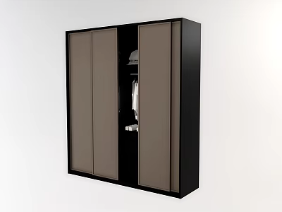 Modern Wardrobe With Sliding Doors Black Frame And Brown Panels Clothing Hanging Inside 3d model