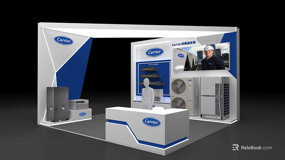 Carrier Modern Retail Counter In Mall Featuring Air Conditioning Products Display And White Blue Decor 3d model 