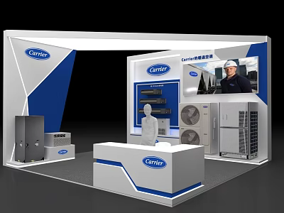 Carrier Modern Retail Counter In Mall Featuring Air Conditioning Products Display And White Blue Decor 3d model