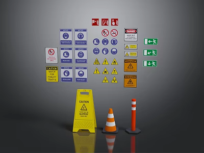 Various Types Of Traffic Signs Including Warning Prohibition Directional And Safety Cones 3d model