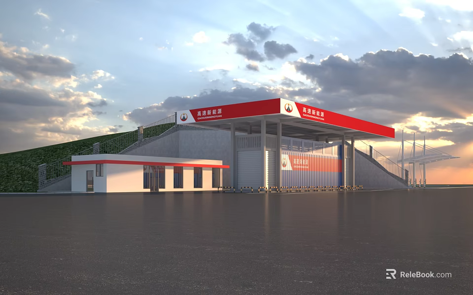 Sinopec Gas Station With Red Roof White Building Green Hillside And Cloudy Sky Above Black Asphalt 3d model 
