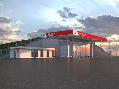 Sinopec Gas Station With Red Roof White Building Green Hillside And Cloudy Sky Above Black Asphalt 3d model
