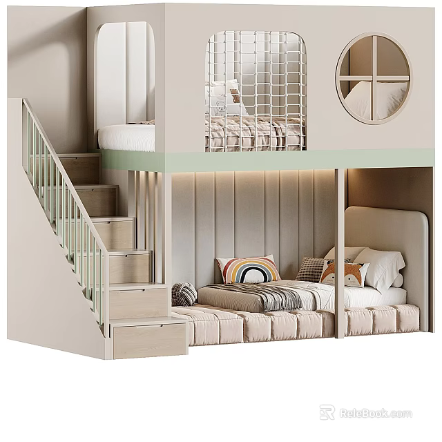 Modern Stylish Kids Bunk Bed With Storage Stairs And Cozy Large Padded Sleeping Area 3d model 