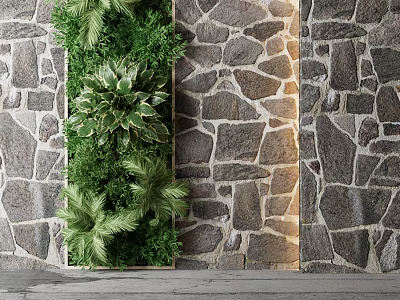 Natural Stone Wall with Lush Green Living Plant Vertical Decorative Background Design 3d model