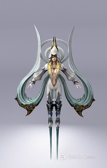 Woman in White and Light Green Outfit with Long Hair Headpiece and Flowing Ribbons 3d model 