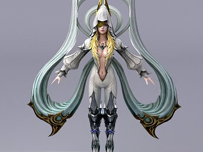 Woman in White and Light Green Outfit with Long Hair Headpiece and Flowing Ribbons 3d model