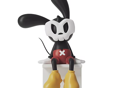 Plush Doll With Black Ears White Face Red Shorts Yellow Boots Sitting On White Cube 3d model