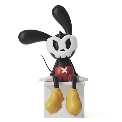 Plush Doll With Black Ears White Face Red Shorts Yellow Boots Sitting On White Cube 3d model