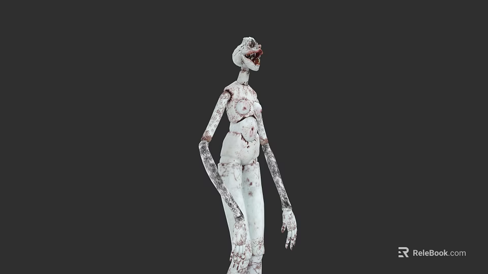 Creepy Slender White Skinned Monster With Bloodstains And Open Mouth Teeth 3d model 