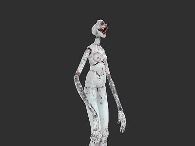 Creepy Slender White Skinned Monster With Bloodstains And Open Mouth Teeth 3d model