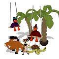 Cute Stuffed Animal Dolls on Swings with Palm Trees Boar Puppy and Turtle