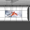 Modern Exhibition Hall with Large Screen Red White Pattern Silver Walls Black Stripes Reflective Floor