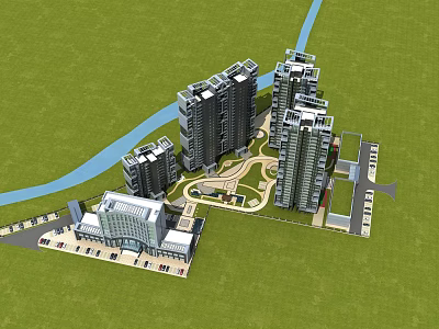 Aerial Planning of High Rise Buildings with River Green Space Parking Lot and Plaza 3d model