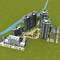 Aerial Planning of High Rise Buildings with River Green Space Parking Lot and Plaza