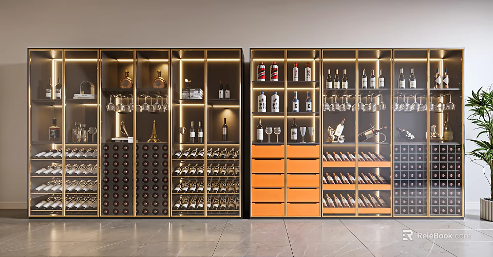 Modern Wine Cabinet With Multiple Compartments Wine Bottles Storage And Glasses 3d model 