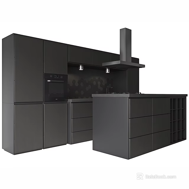 Modern Black Kitchen Cabinets With Island Range Hood Oven And Sleek Design 3d model 