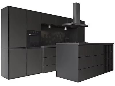 Modern Black Kitchen Cabinets With Island Range Hood Oven And Sleek Design 3d model