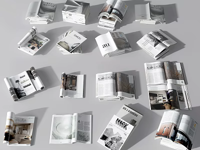 Open Interior Design Magazines Showcasing Various Interior Photos Arranged Stacked And Scattered 3d model