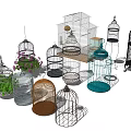 Decorative Ornament Set Featuring Multiple Birdcages Green Plants And Various Styles