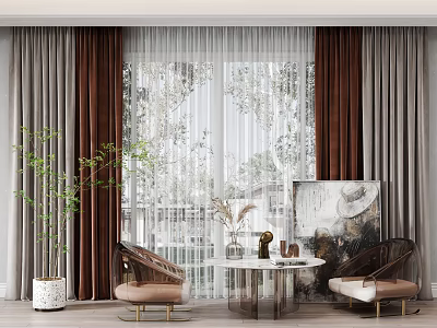 Modern Leisure Sofa Set In Living Room With Neutral Curtains Potted Plant And Round Table 3d model