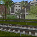 Rail Tracks With Neat Hedges Chinese Style White Buildings Palm Trees And Green Plants