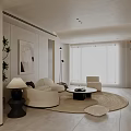 Modern Living Dining Room Interior With Beige Sofa Round Coffee Table Floor Lamp And Green Plants